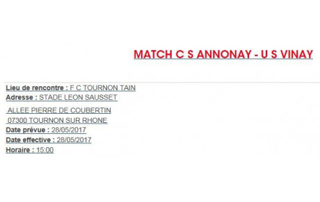 8ème de finale le 28 mai 2017, 15h00 à TOURNON